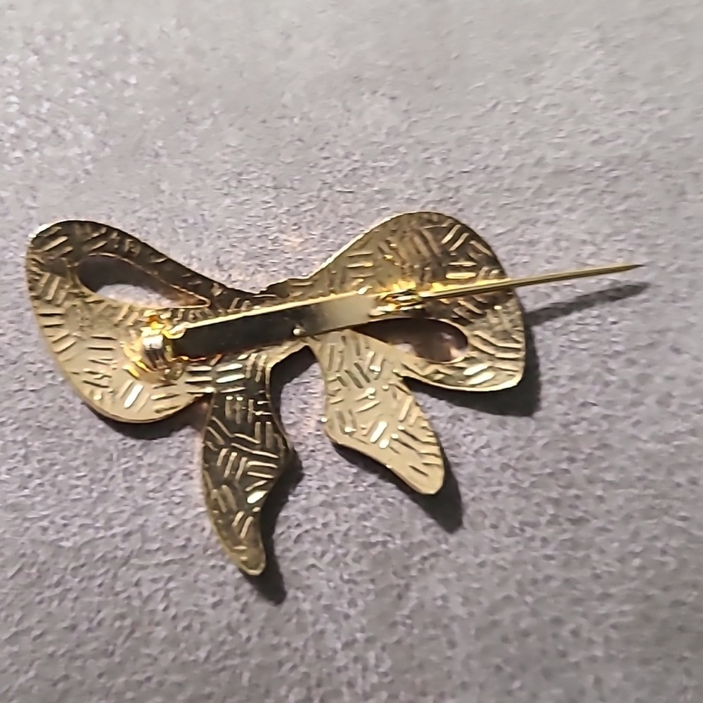 Vintage 1980's Gold Tone Cloisonne Bow Brooch Floral Enamel - Picture 6 of 11